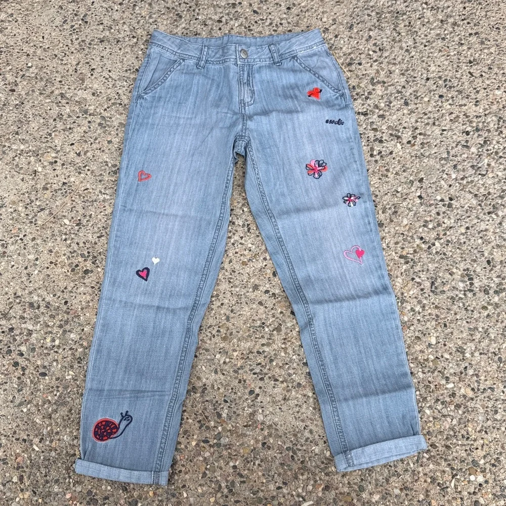 Gymboree Appliqué Embroidered Jeans Girls Size 10 Hearts Ladybug Light Wash NWOT